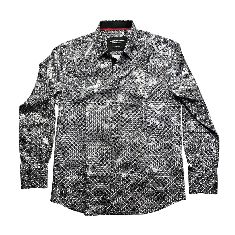 American Breed Mens Smart Shirt Black Silver Metallic Geometric Button Down‎ M